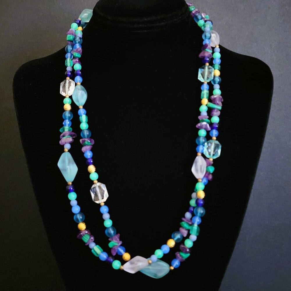 VTG Diane von Furstenberg Signed DVF Beaded Glass & Amethyst Necklace Flapper Lg